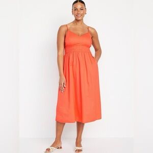 NWT Old Navy women's Cotton Smocked Waist-Defined  Midi Cami Dress Sz L Coral